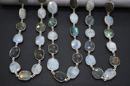 Labradorite Faceted Slice Shape Connector Chain , Rainbow Moonstone Slice Shape Bezel Link Chain , 20 - 24 mm , RB-5938
