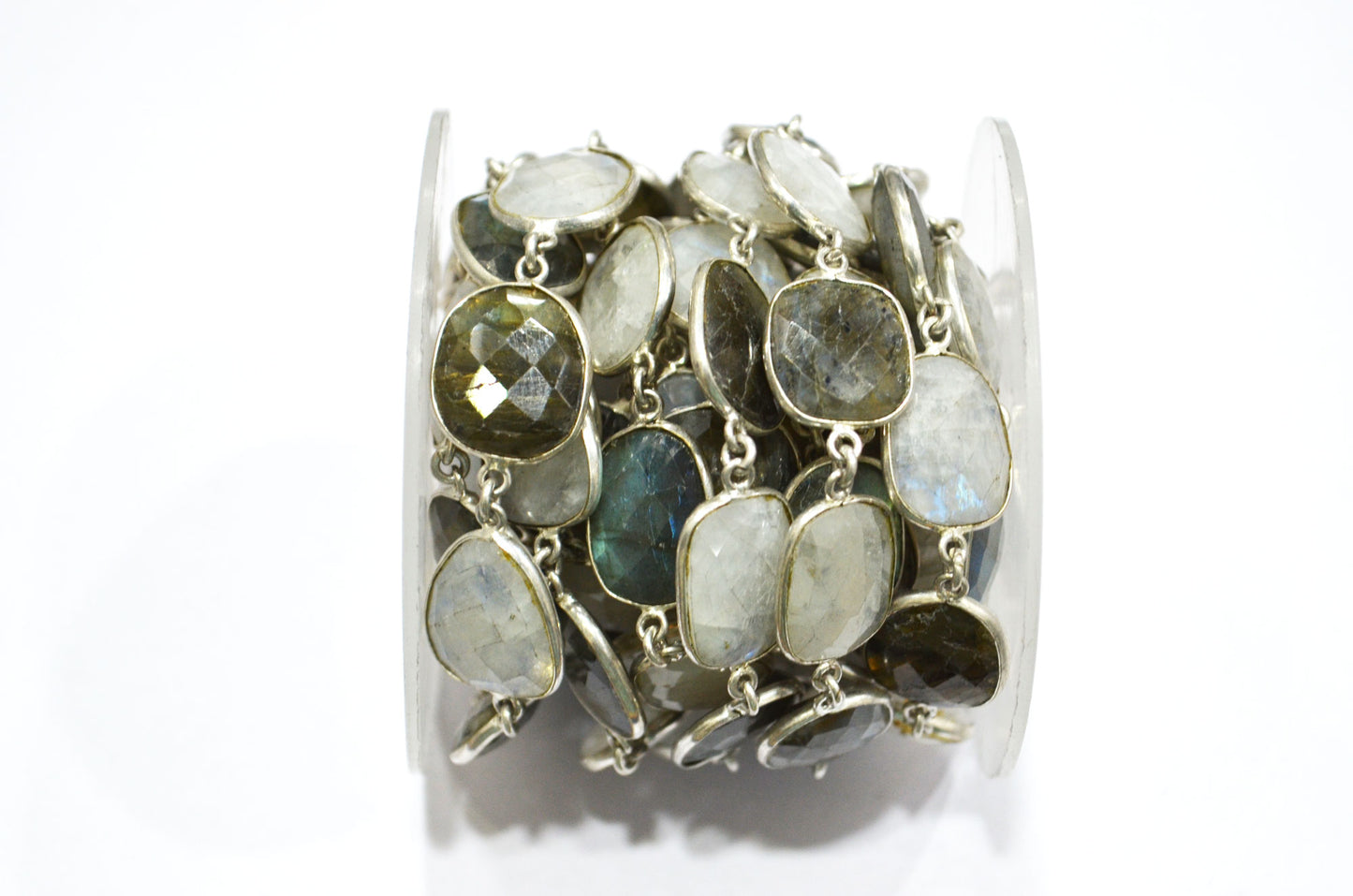 Labradorite Faceted Slice Shape Connector Chain , Rainbow Moonstone Slice Shape Bezel Link Chain , 20 - 24 mm , RB-5938