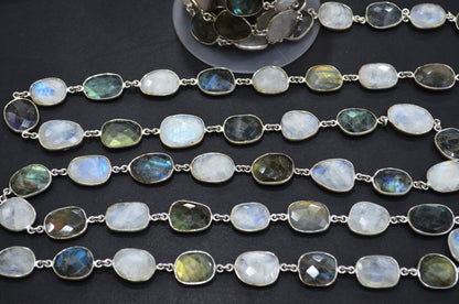 Labradorite Faceted Slice Shape Connector Chain , Rainbow Moonstone Slice Shape Bezel Link Chain , 20 - 24 mm , RB-5938
