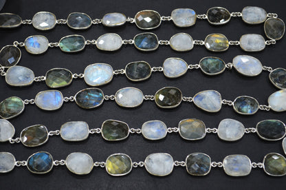 Labradorite Faceted Slice Shape Connector Chain , Rainbow Moonstone Slice Shape Bezel Link Chain , 20 - 24 mm , RB-5938