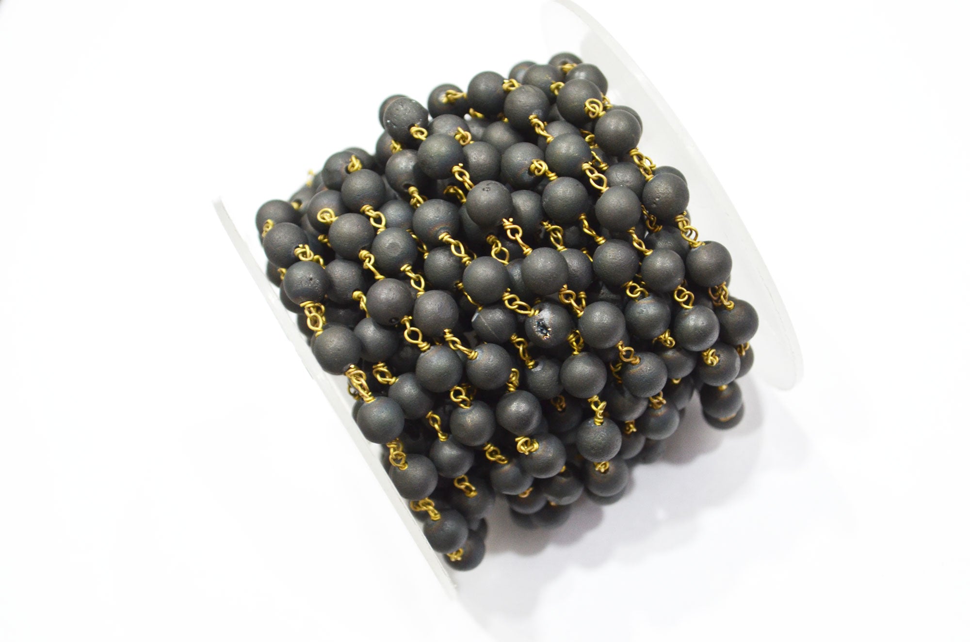 Carbon Black Druzy Matte Round Shape Rosary Beaded Chain , 5.50 - 6 mm , RB-5943