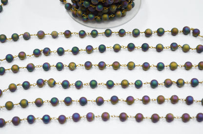 Peacock Color Druzy Matte Round Shape Rosary Beaded Chain , 5.50 - 6 mm , RB-5945