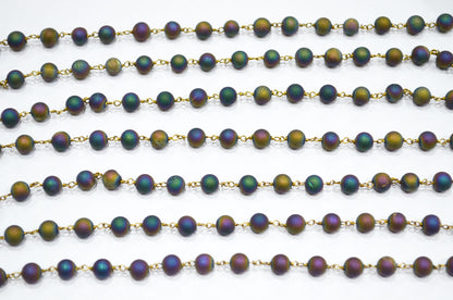 Peacock Color Druzy Matte Round Shape Rosary Beaded Chain , 5.50 - 6 mm , RB-5945