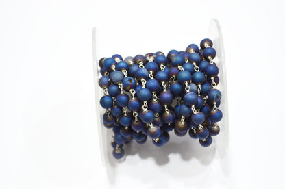 Blue Color Druzy Matte Round Shape Rosary Beaded Chain , 5.50 - 6 mm , RB-5948