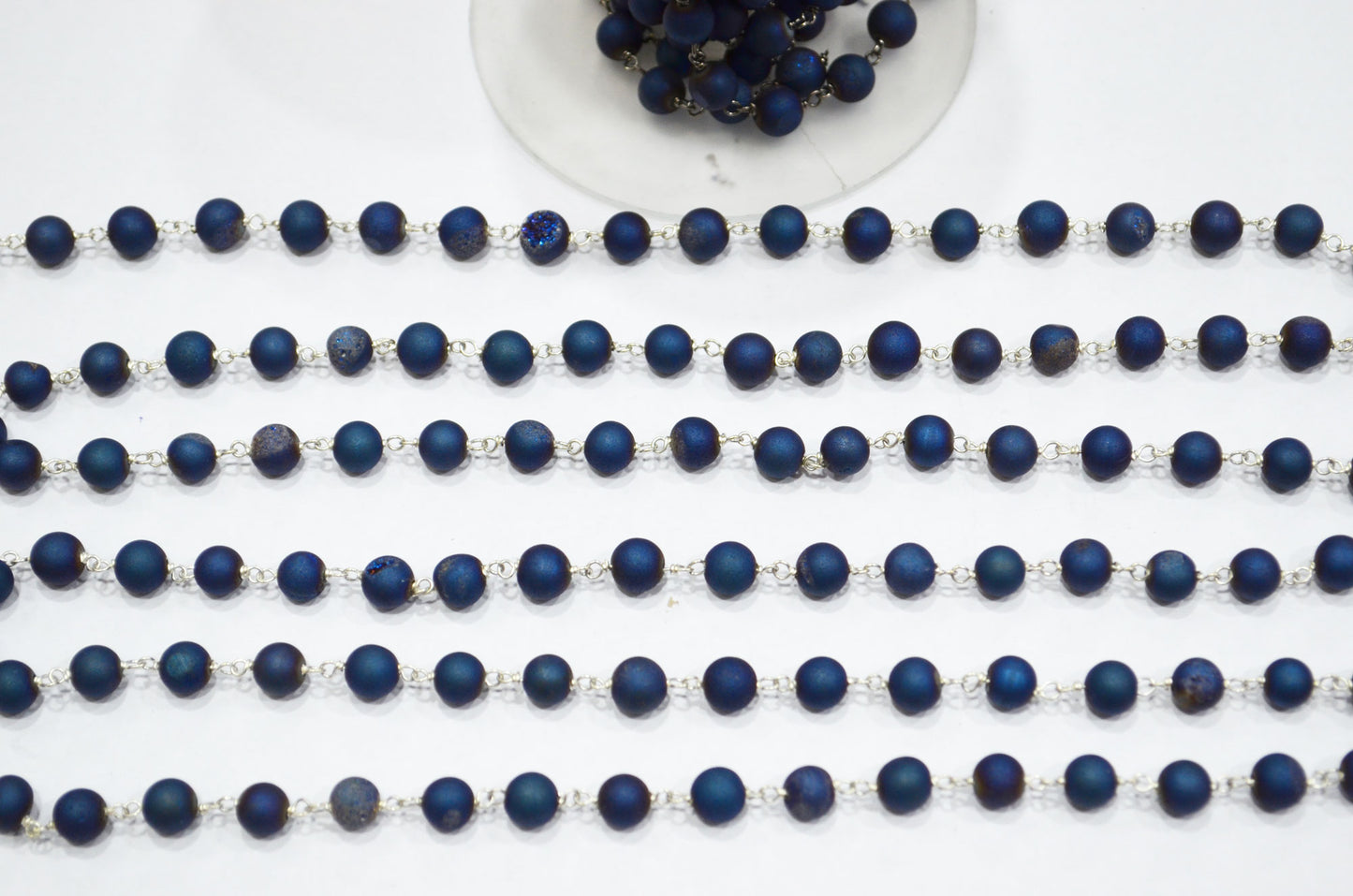 Blue Color Druzy Matte Round Shape Rosary Beaded Chain , 5.50 - 6 mm , RB-5948