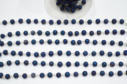 Blue Color Druzy Matte Round Shape Rosary Beaded Chain , 5.50 - 6 mm , RB-5948