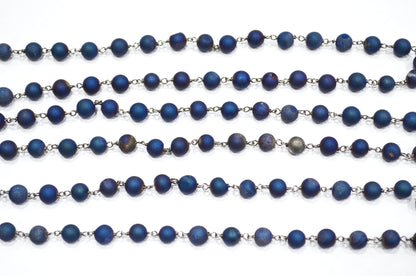 Blue Color Druzy Matte Round Shape Rosary Beaded Chain , 5.50 - 6 mm , RB-5948