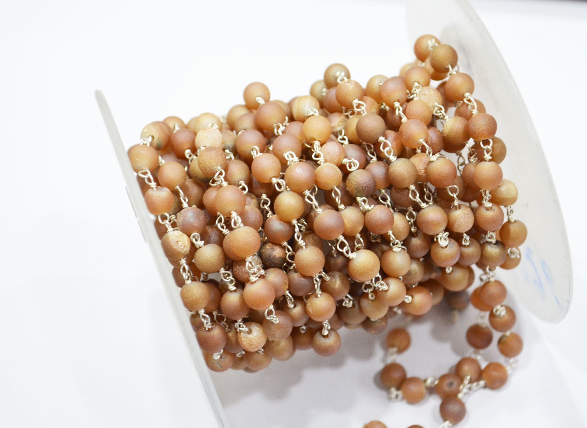 Peach Druzy Matte Round Shape Rosary Beaded Chain , 5.50 - 6 mm , RB-5949