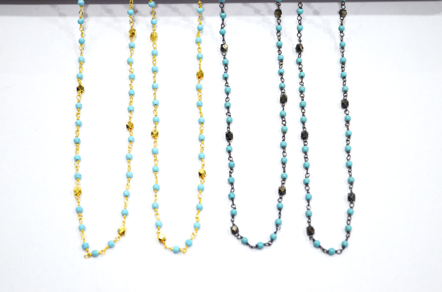 Magnesite Synthetic Turquoise Smooth Round Shape Rosary Beaded Chain , Brass Beads Wire Wrapped Chain , 2.50 mm , RB-5957