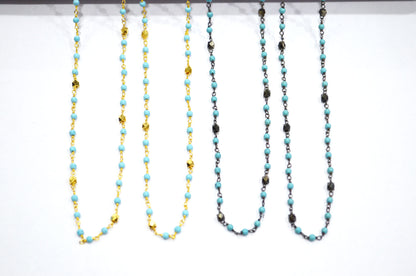 Magnesite Synthetic Turquoise Smooth Round Shape Rosary Beaded Chain , Brass Beads Wire Wrapped Chain , 2.50 mm , RB-5957