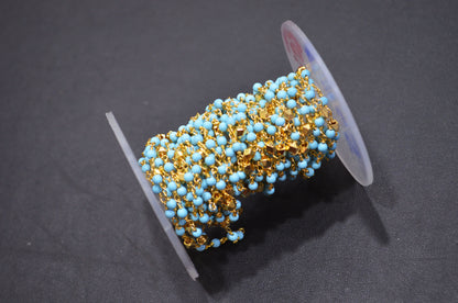 Magnesite Synthetic Turquoise Smooth Round Shape Rosary Beaded Chain , Brass Beads Wire Wrapped Chain , 2.50 mm , RB-5957