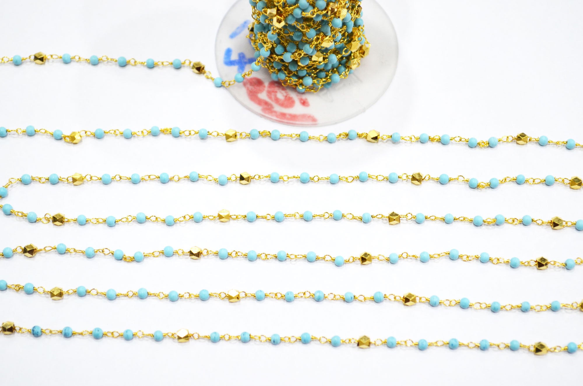Magnesite Synthetic Turquoise Smooth Round Shape Rosary Beaded Chain , Brass Beads Wire Wrapped Chain , 2.50 mm , RB-5957