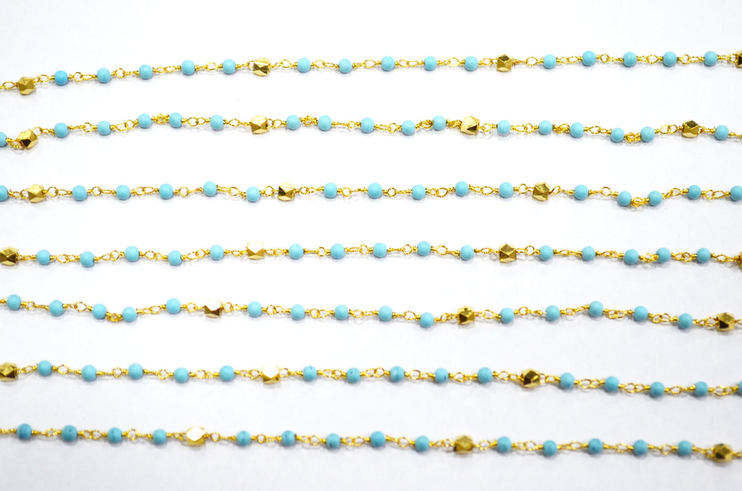 Magnesite Synthetic Turquoise Smooth Round Shape Rosary Beaded Chain , Brass Beads Wire Wrapped Chain , 2.50 mm , RB-5957