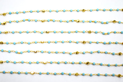 Magnesite Synthetic Turquoise Smooth Round Shape Rosary Beaded Chain , Brass Beads Wire Wrapped Chain , 2.50 mm , RB-5957