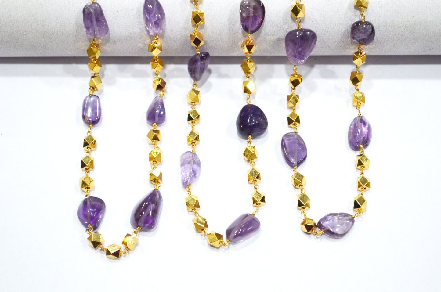 Amethyst Smooth Nuggets Shape Rosary Beaded Chain , Amethyst Nuggets With Brass Beads Wire Wrapped Chain , 4 - 5 mm , RB-5958