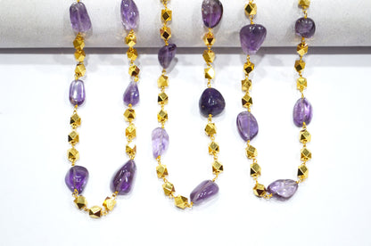 Amethyst Smooth Nuggets Shape Rosary Beaded Chain , Amethyst Nuggets With Brass Beads Wire Wrapped Chain , 4 - 5 mm , RB-5958
