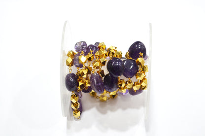 Amethyst Smooth Nuggets Shape Rosary Beaded Chain , Amethyst Nuggets With Brass Beads Wire Wrapped Chain , 4 - 5 mm , RB-5958