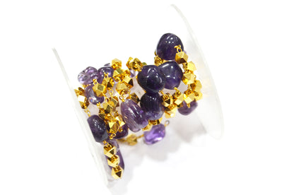 Amethyst Smooth Nuggets Shape Rosary Beaded Chain , Amethyst Nuggets With Brass Beads Wire Wrapped Chain , 4 - 5 mm , RB-5958
