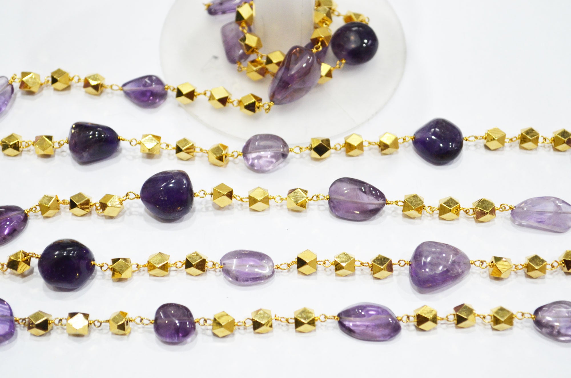 Amethyst Smooth Nuggets Shape Rosary Beaded Chain , Amethyst Nuggets With Brass Beads Wire Wrapped Chain , 4 - 5 mm , RB-5958