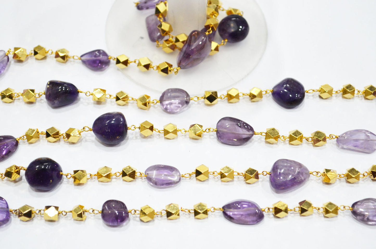 Amethyst Smooth Nuggets Shape Rosary Beaded Chain , Amethyst Nuggets With Brass Beads Wire Wrapped Chain , 4 - 5 mm , RB-5958