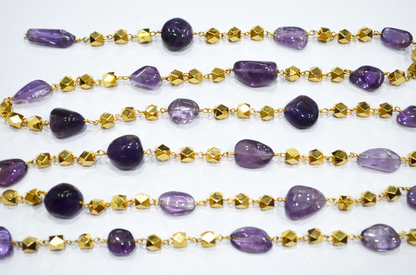 Amethyst Smooth Nuggets Shape Rosary Beaded Chain , Amethyst Nuggets With Brass Beads Wire Wrapped Chain , 4 - 5 mm , RB-5958