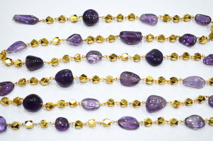Amethyst Smooth Nuggets Shape Rosary Beaded Chain , Amethyst Nuggets With Brass Beads Wire Wrapped Chain , 4 - 5 mm , RB-5958