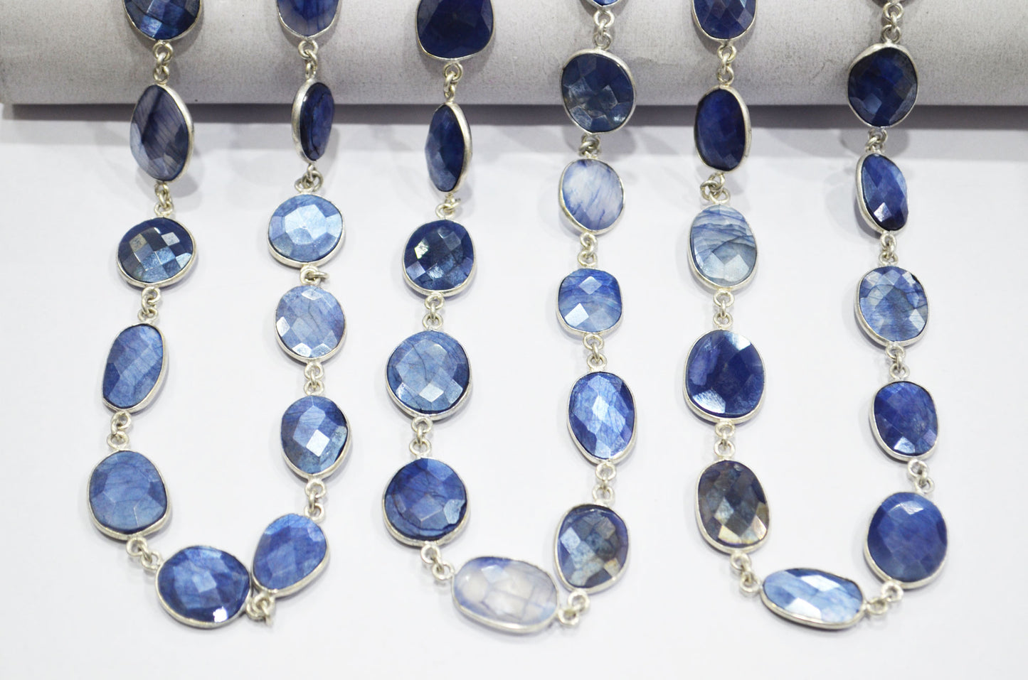 Sapphire Color Moonstone Faceted Slice Shape Connector Chain , 14 - 22 mm , RB-5998