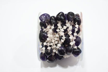 Amethyst Smooth Nuggets Shape Rosary Beaded Chain , Rose Quartz Button Shape Wire Wrapped Chain , 4 - 5 mm , RB-6000