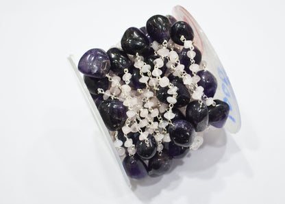 Amethyst Smooth Nuggets Shape Rosary Beaded Chain , Rose Quartz Button Shape Wire Wrapped Chain , 4 - 5 mm , RB-6000
