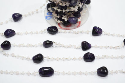 Amethyst Smooth Nuggets Shape Rosary Beaded Chain , Rose Quartz Button Shape Wire Wrapped Chain , 4 - 5 mm , RB-6000