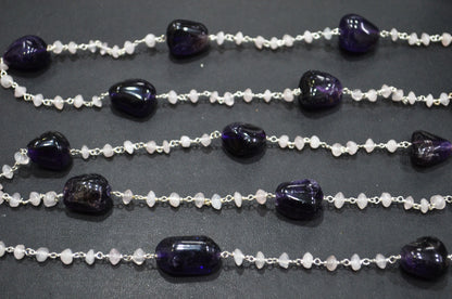 Amethyst Smooth Nuggets Shape Rosary Beaded Chain , Rose Quartz Button Shape Wire Wrapped Chain , 4 - 5 mm , RB-6000