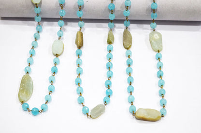 Aqua Chalcedony Faceted Round Shape Rosary Beaded Chain , Aqua Druzy Tumble Shape Wire Wrapped Chain , 6 mm , RB-6001