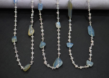 Aqua Chalcedony Smooth Nuggets Shape Rosary Beaded Chain , Rose Quartz Button Shape Wire Wrapped Chain , 3 - 4 mm , RB-6002