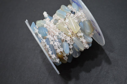 Aqua Chalcedony Smooth Nuggets Shape Rosary Beaded Chain , Rose Quartz Button Shape Wire Wrapped Chain , 3 - 4 mm , RB-6002