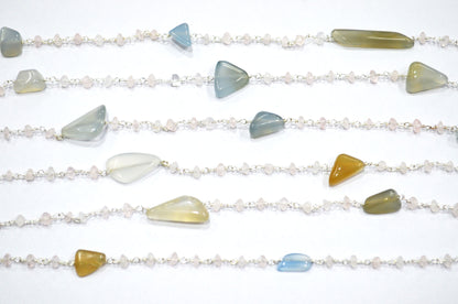 Aqua Chalcedony Smooth Nuggets Shape Rosary Beaded Chain , Rose Quartz Button Shape Wire Wrapped Chain , 3 - 4 mm , RB-6002