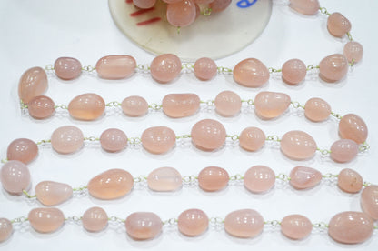 Rose Chalcedony Smooth Nuggets Rosary Beaded Chain , 10 - 16 mm , RB-6003