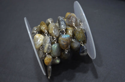 Natural Raw Organic Labradorite Smooth Rosary Beaded Chain , 8 - 14 mm , RB-6005