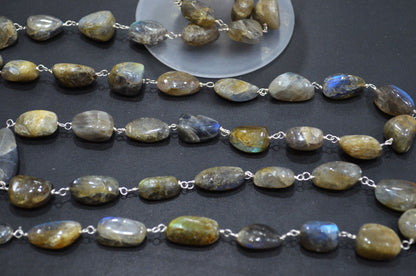 Natural Raw Organic Labradorite Smooth Rosary Beaded Chain , 8 - 14 mm , RB-6005