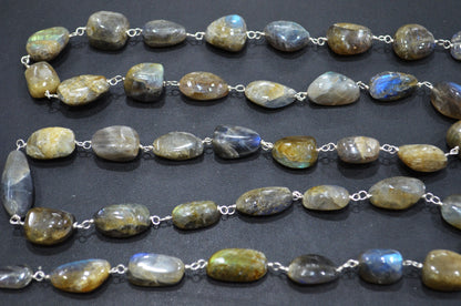 Natural Raw Organic Labradorite Smooth Rosary Beaded Chain , 8 - 14 mm , RB-6005