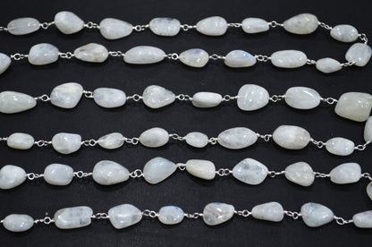Rainbow Moonstone Smooth Rosary Beaded Chain , 8 - 14 mm , RB-6006