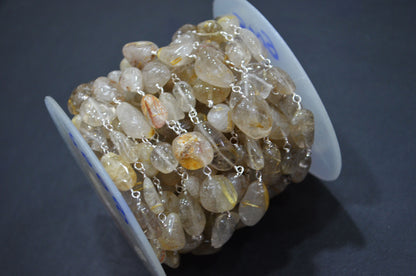 Golden Rutile Smooth Rosary Beaded Chain , 8 - 14 mm , RB-6008