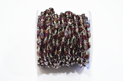 Natural Raw Organic Rhodolite Garnet Smooth Rosary Beaded Chain , 4 - 7 mm , RB-6011
