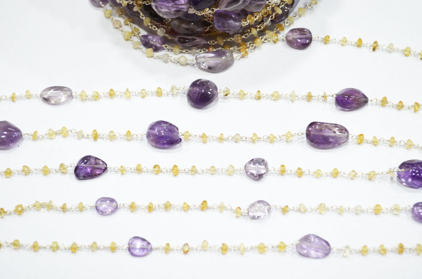 Pink Amethyst Smooth Nuggets Shape Rosary Beaded Chain , Citrine Button Shape Wire Wrapped Chain , 3 - 4 mm , RB-6012