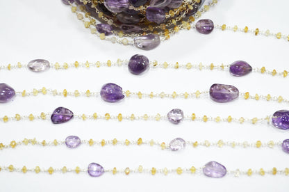 Pink Amethyst Smooth Nuggets Shape Rosary Beaded Chain , Citrine Button Shape Wire Wrapped Chain , 3 - 4 mm , RB-6012