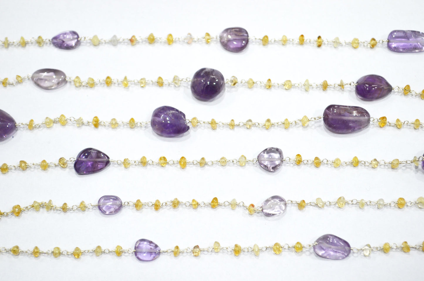 Pink Amethyst Smooth Nuggets Shape Rosary Beaded Chain , Citrine Button Shape Wire Wrapped Chain , 3 - 4 mm , RB-6012