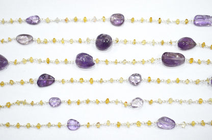 Pink Amethyst Smooth Nuggets Shape Rosary Beaded Chain , Citrine Button Shape Wire Wrapped Chain , 3 - 4 mm , RB-6012