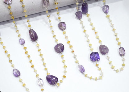 Pink Amethyst Smooth Nuggets Shape Rosary Beaded Chain , Citrine Button Shape Wire Wrapped Chain , 3 - 4 mm , RB-6012