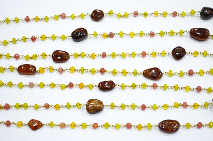 Frangipani Jade Faceted Rondelle Shape Rosary Beaded Chain , Hessonite Smooth Nuggets Wire Wrapped Chain , 4 mm , RB-6013