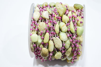 Rhodochrosite Jade Faceted Rondelle Shape Rosary Beaded Chain , Chrysoprase Smooth Nuggets Wire Wrapped Chain , 4 mm ,RB-6014