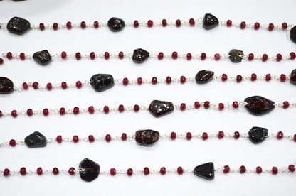 Ruby Jade Faceted Rondelle Shape Rosary Beaded Chain , Garnet Smooth Nuggets Wire Wrapped Chain , 4 mm , RB-6015